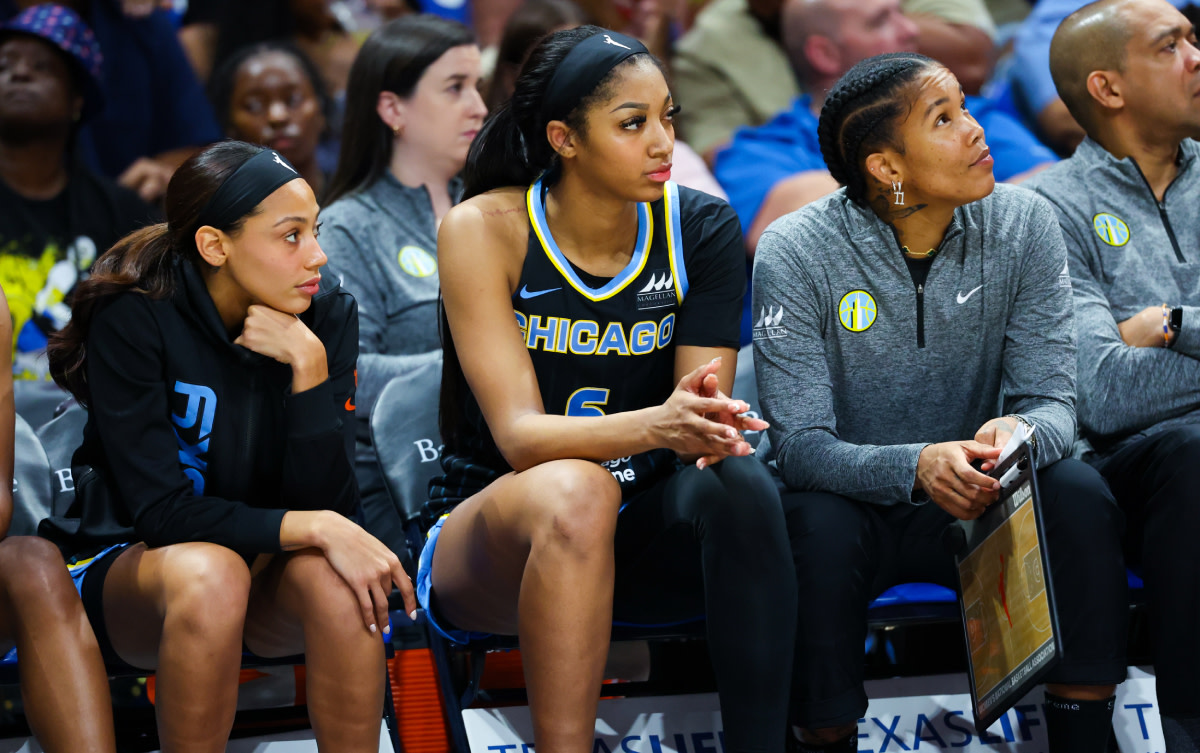 Chicago Sky forward Angel Reese (5) reacts on the bench during the second half against the Dallas Wings at College Park Center.