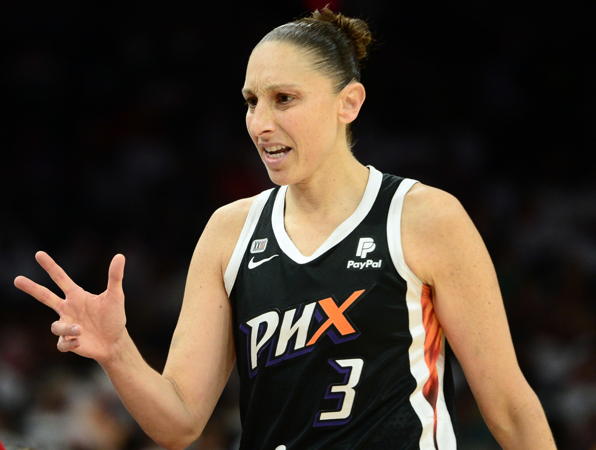 Oct 10, 2021; Phoenix, Arizona, USA; Phoenix Mercury guard Diana Taurasi (3) reacts against the Chicago Sky during the first half of game one of the 2021 WNBA Finals at Footprint Center.