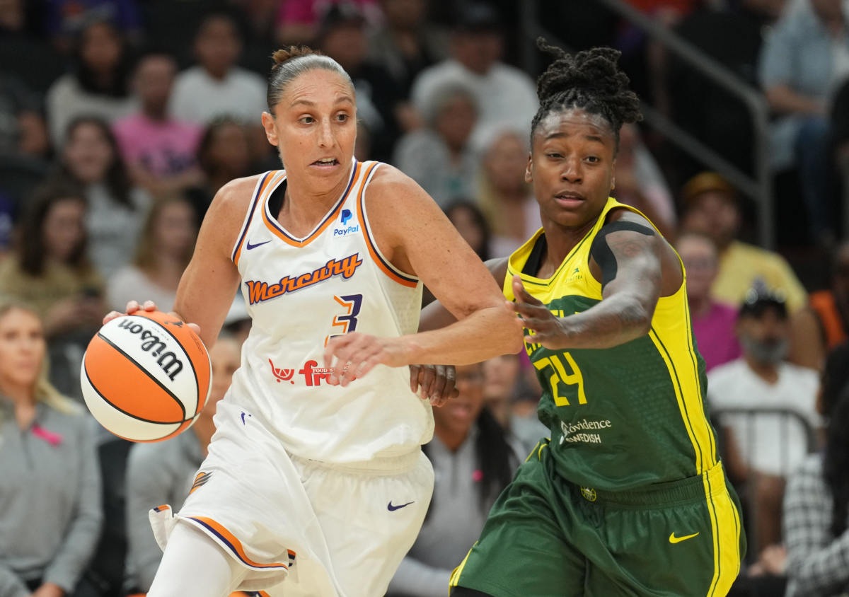 Aug 5, 2023; Phoenix, Arizona, USA; Phoenix Mercury guard Diana Taurasi (3) dribbles against Seattle Storm guard Jewell Loyd (24) during the first half at Footprint Center.