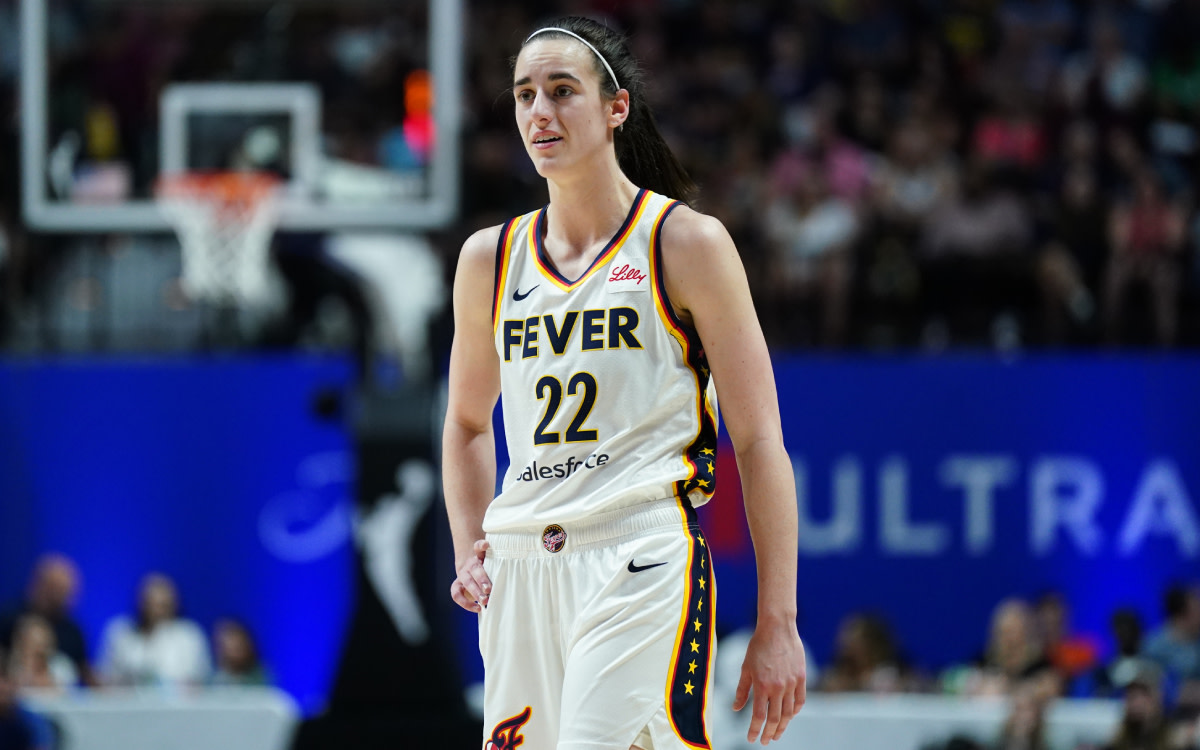 Indiana Fever guard Caitlin Clark (22) reacts after her third foul against the Connecticut Sun in the second quarter at Mohegan Sun Arena.