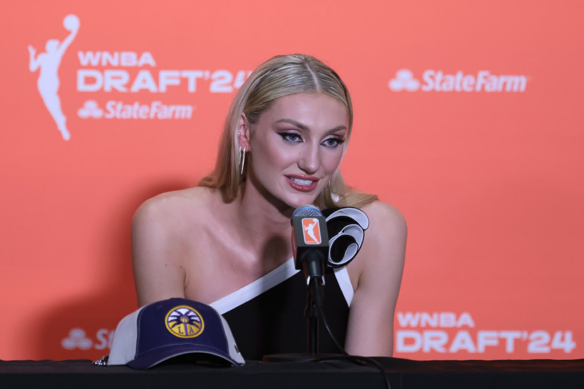 Cameron Brink speaks in a press conference after she is selected with the number two overall pick to the Los Angeles Sparks n the 2024 WNBA Draft at Brooklyn Academy of Music.