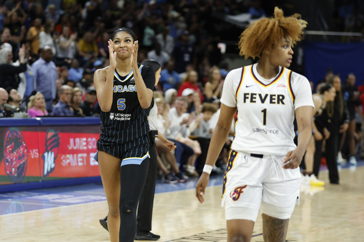 Chicago Sky forward Angel Reese (5) reacts during her team’s game against the Indiana Fever at Wintrust Arena on Sunday. The Sky beat the Fever, 88-87.