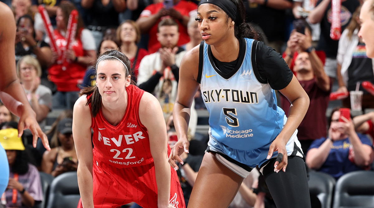 Indiana Fever guard Caitlin Clark and Chicago Sky forward Angel Reese look on during their game at Gainbridge Fieldhouse in Indianapolis on June 1, 2024.