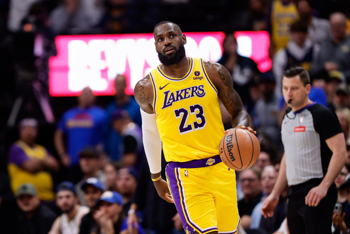 Apr 29, 2024; Denver, Colorado, USA; Los Angeles Lakers forward LeBron James (23) in the third quarter against the Denver Nuggets during game five of the first round for the 2024 NBA playoffs at Ball Arena.