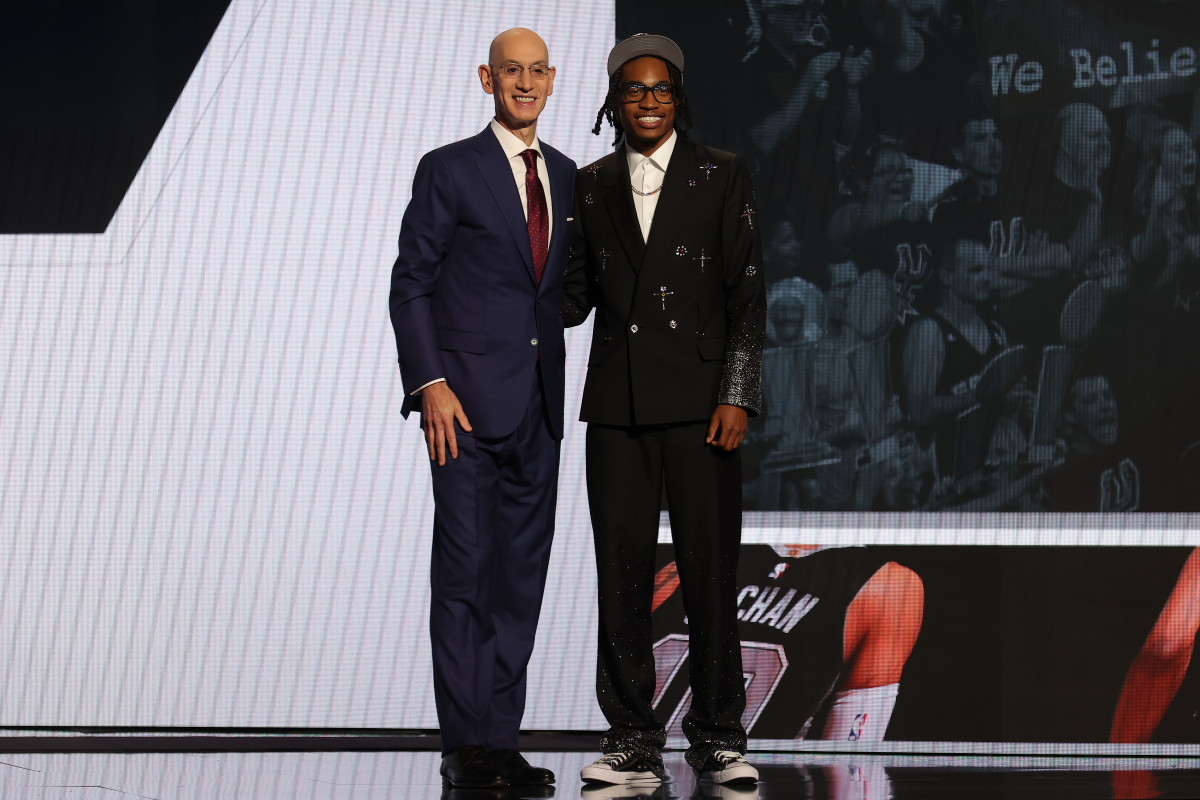 Jun 26, 2024; Brooklyn, NY, USA; Rob Dillingham shakes hands with NBA commissioner Adam Silver after being selected in the first round by the San Antonio Spurs in the 2024 NBA Draft at Barclays Center. He was then traded to the Minnesota Timberwolves.