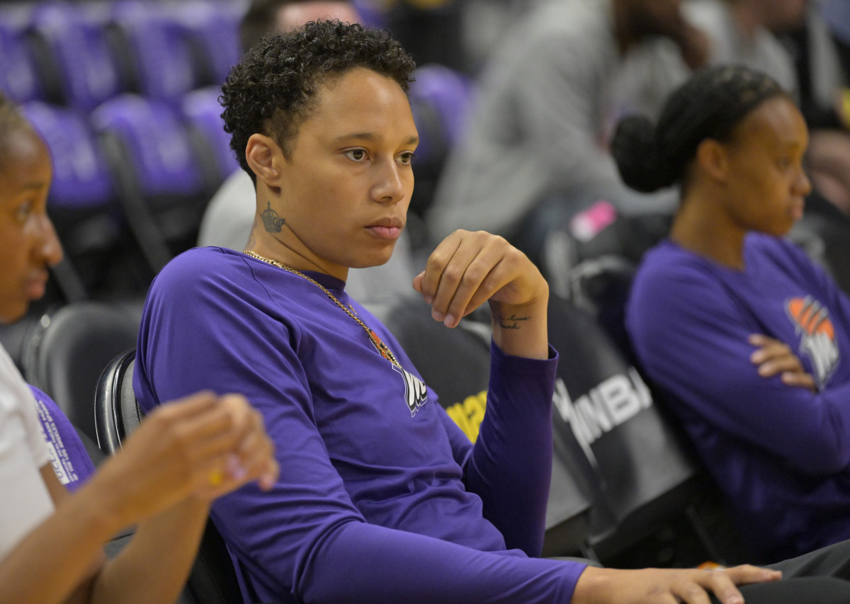 May 19, 2023; Los Angeles, California, USA; Phoenix Mercury center Brittney Griner (42) looks on from the seats as players warm up prior to the game against the Los Angeles Sparks at Crypto.com Arena.
