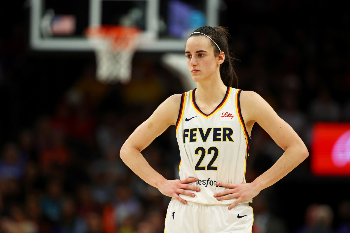 Jun 30, 2024; Phoenix, Arizona, USA; Indiana Fever guard Caitlin Clark (22) looks on during the first half of the game against the Phoenix Mercury at Footprint Center.