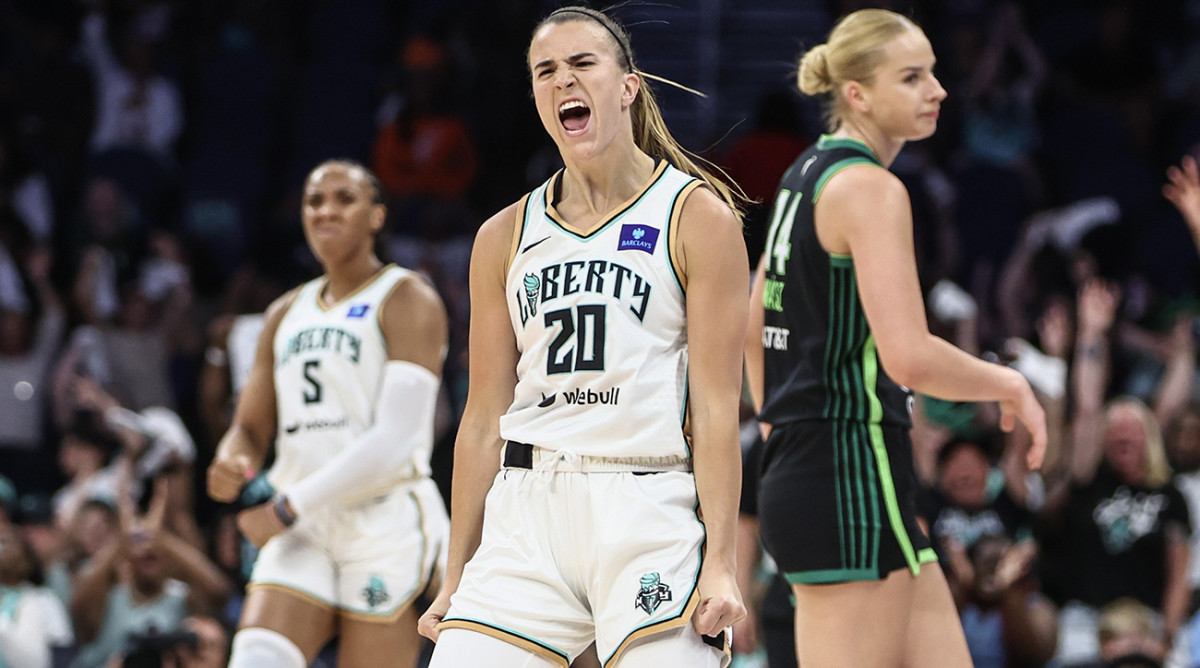 New York Liberty guard Sabrina Ionescu celebrates after making a 3-pointer against the Minnesota Lynx at UBS Arena in Elmont, New York, on June 25, 2024.