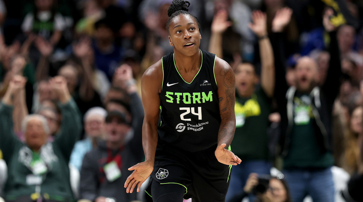 Jewell Loyd of the Seattle Storm reacts after her 3-point basket against the Indiana Fever at Climate Pledge Arena on June 27, 2024.