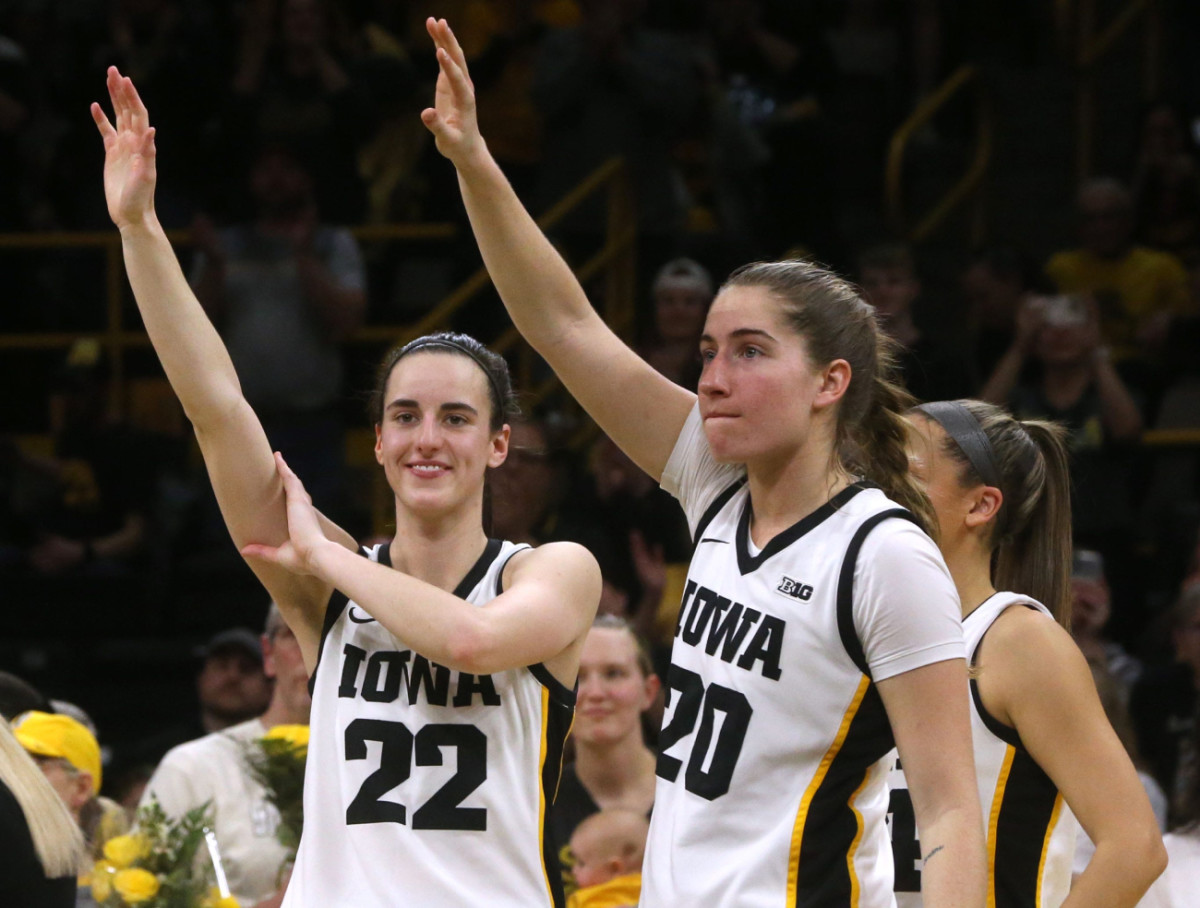 Iowa s Caitlin Clark (22) and Kate Martin (20) wave to the crowd during senior recognitoion Sunday, March 3, 2024 at Carver-Hawkeye Arena in Iowa City, Iowa.