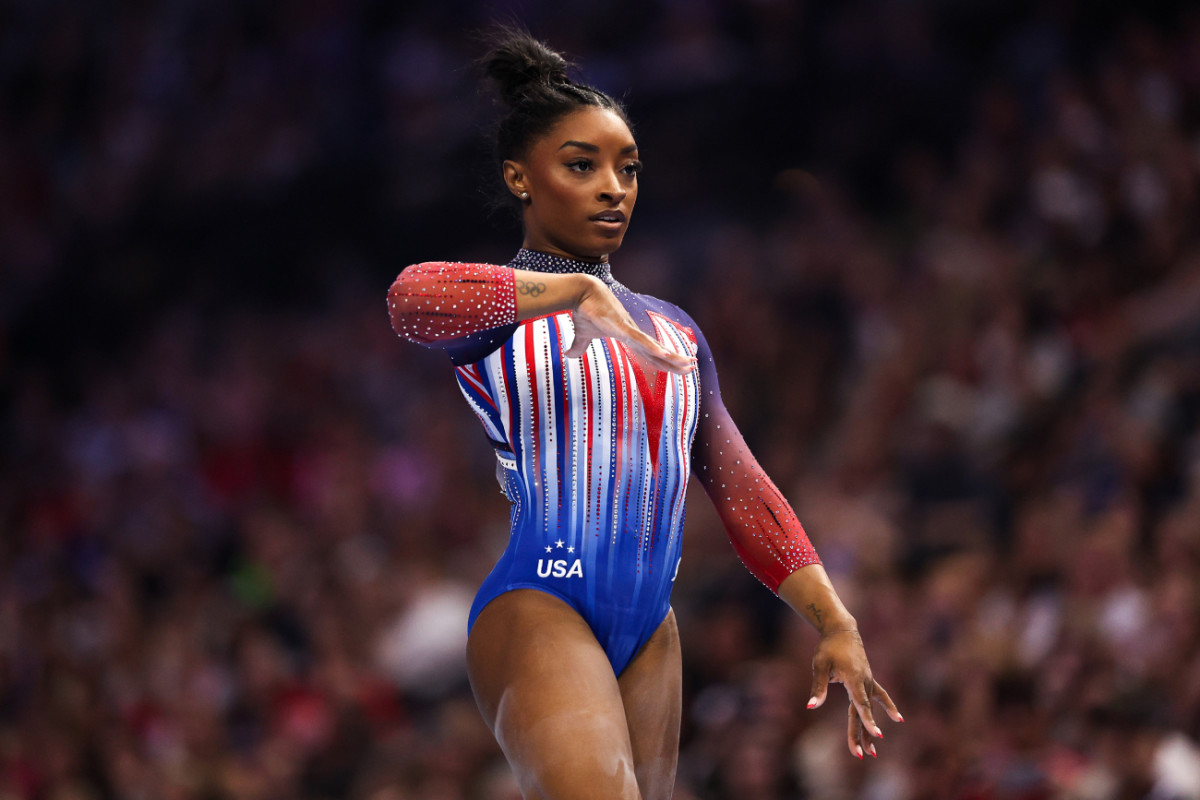 Simone Biles during the U.S. Olympic Team Gymnastics Trials at Target Center on June 30, 2024.