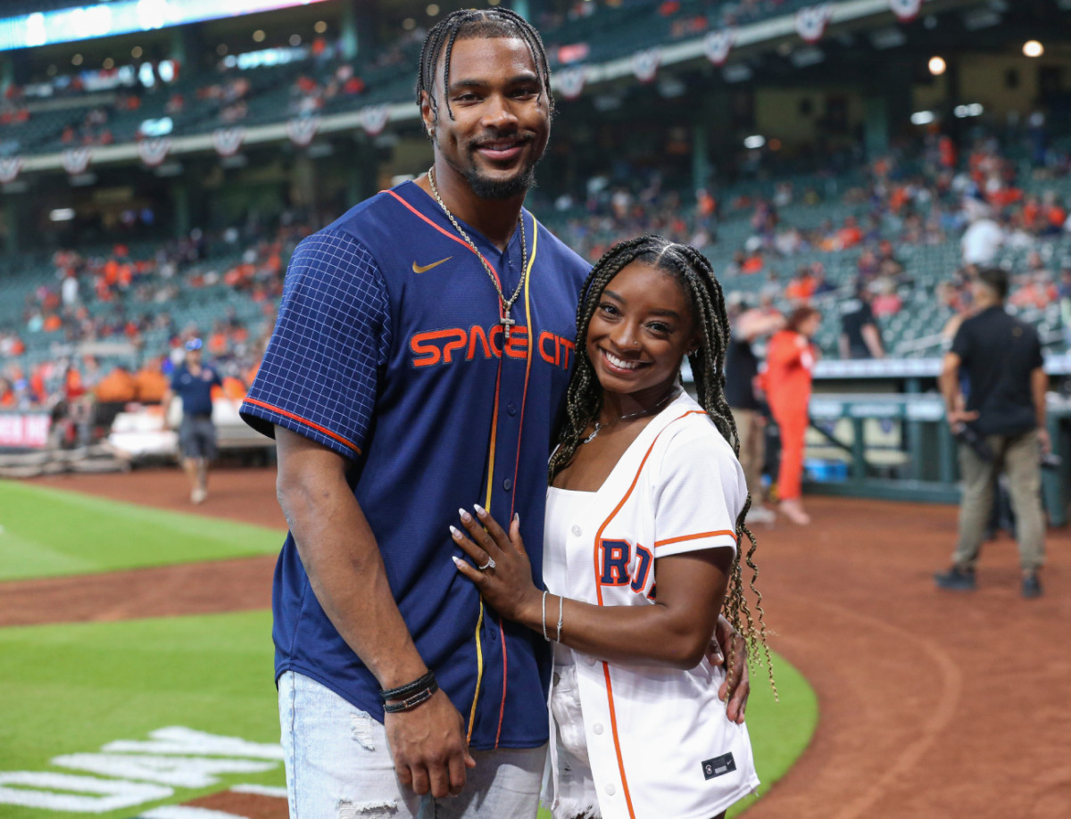 Olympic gold medalist gymnast Simone Biles and husband Jonathan Owens at Minute Maid Park on April 18, 2022.