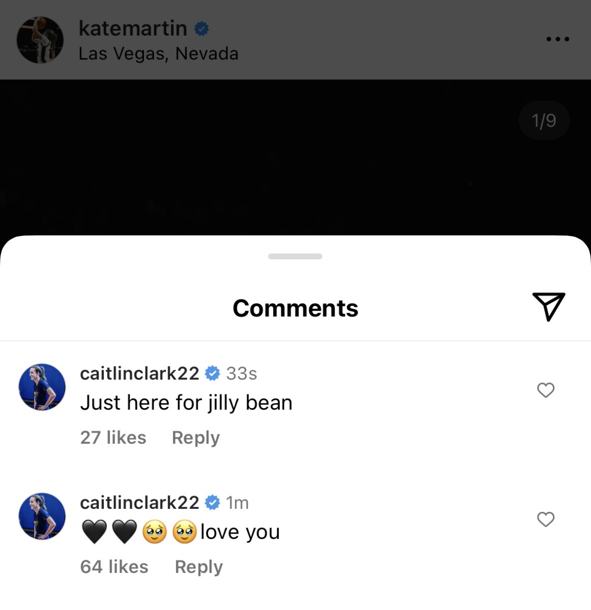 Caitlin Clark's two comments to Kate Martin's July 8 Instagram post. 