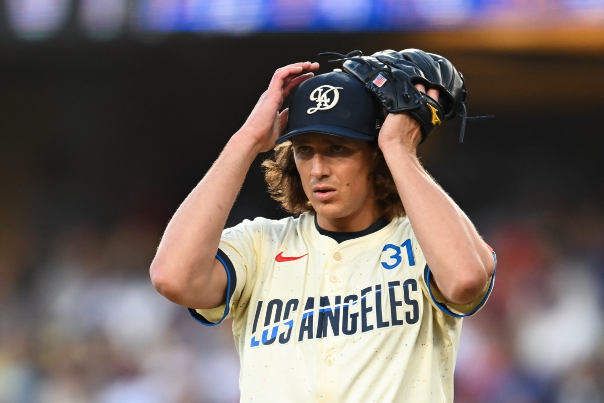 Los Angeles Dodgers pitcher Tyler Glasnow (31) on the mound against the Los Angeles Angels during the second inning at Dodger Stadium.