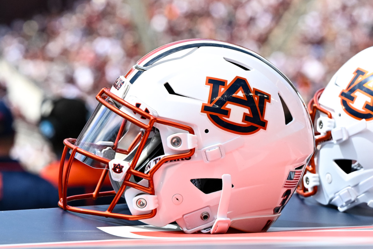 A detailed view of an Auburn Tigers helmet on the sideline of the game against the Texas A&M Aggies at Kyle Field.