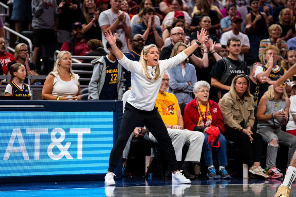 Indiana Fever head coach Christie Sides yells Saturday, July 6, 2024, during the game at Gainbridge Fieldhouse in Indianapolis.