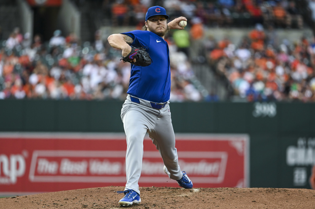 Jul 11, 2024; Baltimore, Maryland, USA; Chicago Cubs pitcher Justin Steele (35) throws a second inning pitch against the Baltimore Orioles at Oriole Park at Camden Yards.