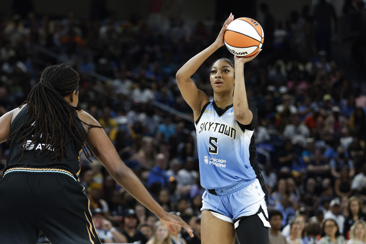 Chicago Sky forward Angel Reese (5) shoots against the New York Liberty during the second half of a WNBA game at Wintrust Arena