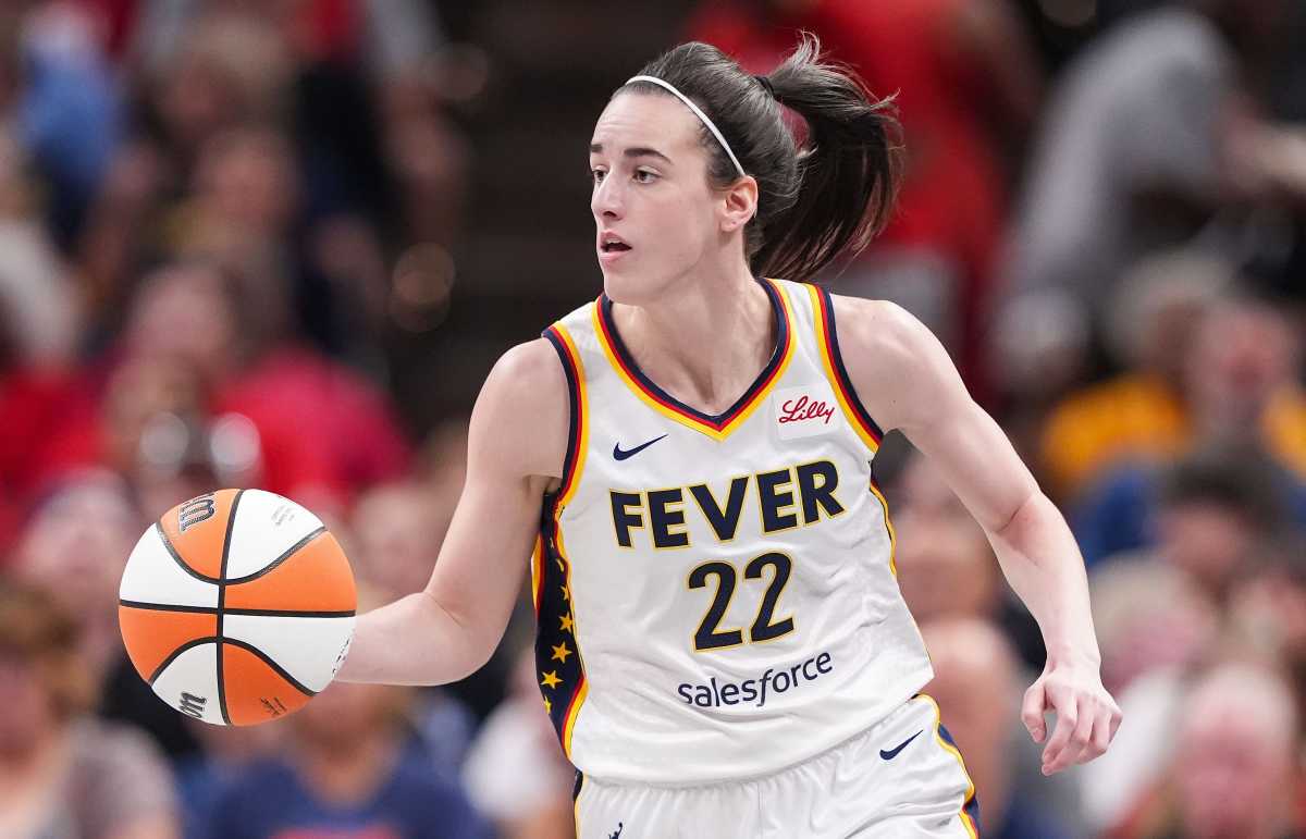 Indiana Fever guard Caitlin Clark (22) rushes up the court Friday, July 12, 2024, during the game at Gainbridge Fieldhouse in Indianapolis.