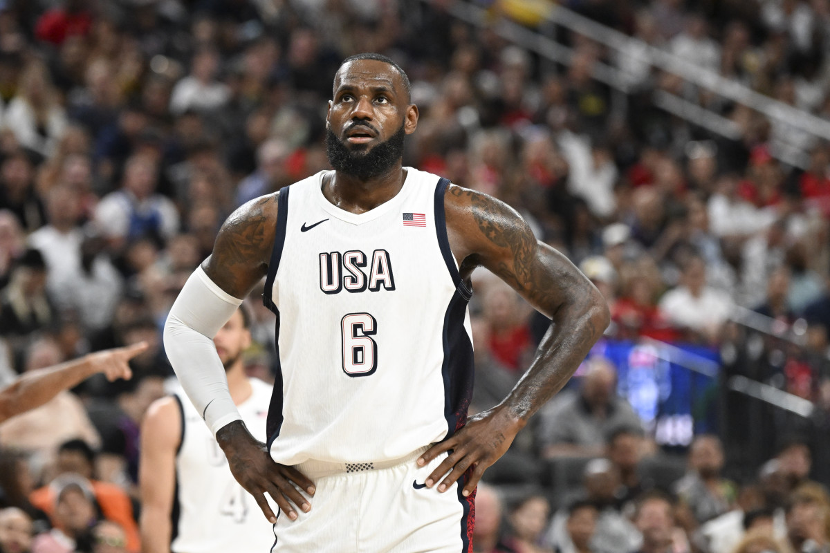 USA forward Lebron James (6) looks on during the third quarter against Canada in the USA Basketball Showcase at T-Mobile Arena.