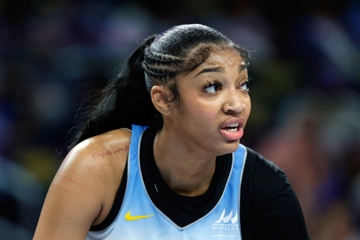 Chicago Sky forward Angel Reese looks on during the first half of a WNBA game against the New York Liberty at Wintrust Arena.