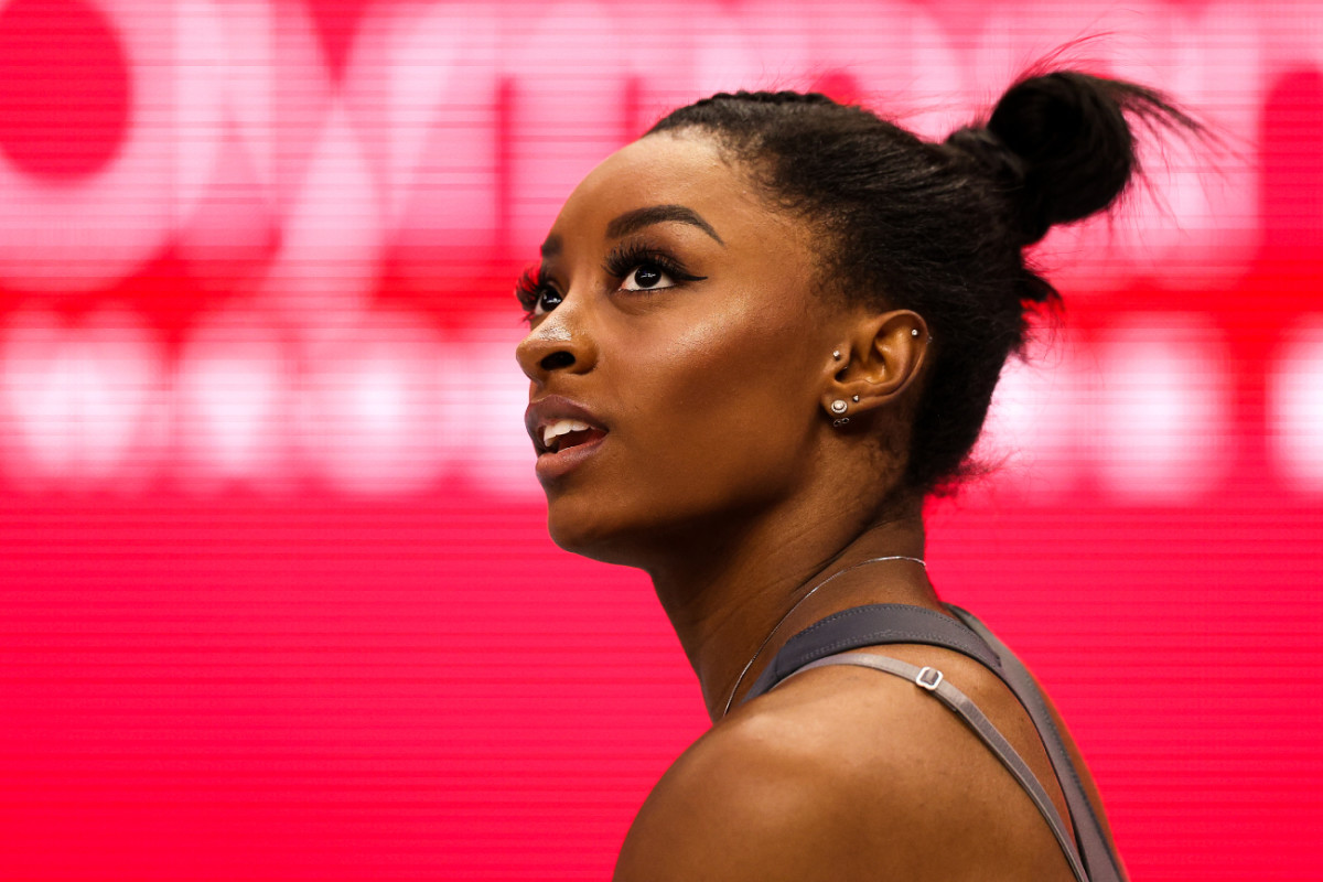 Simone Biles looks on prior to the U.S. Olympic Team Gymnastics Trials at Target Center on June 28, 2024.