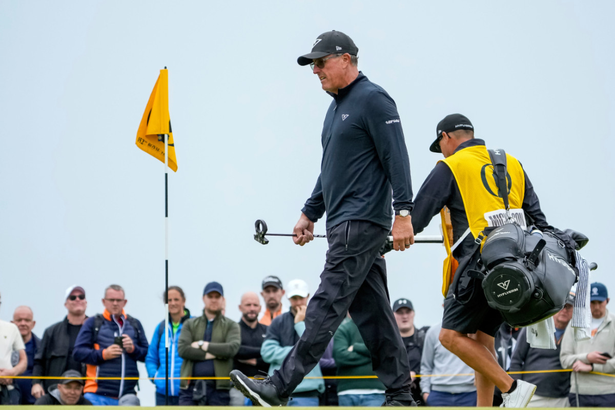 Jul 20, 2024; Ayrshire, SCT; Phil Mickelson on the 10th hole during the third round of the Open Championship golf tournament at Royal Troon. Mandatory Credit: Jack Gruber-USA TODAY Sports  