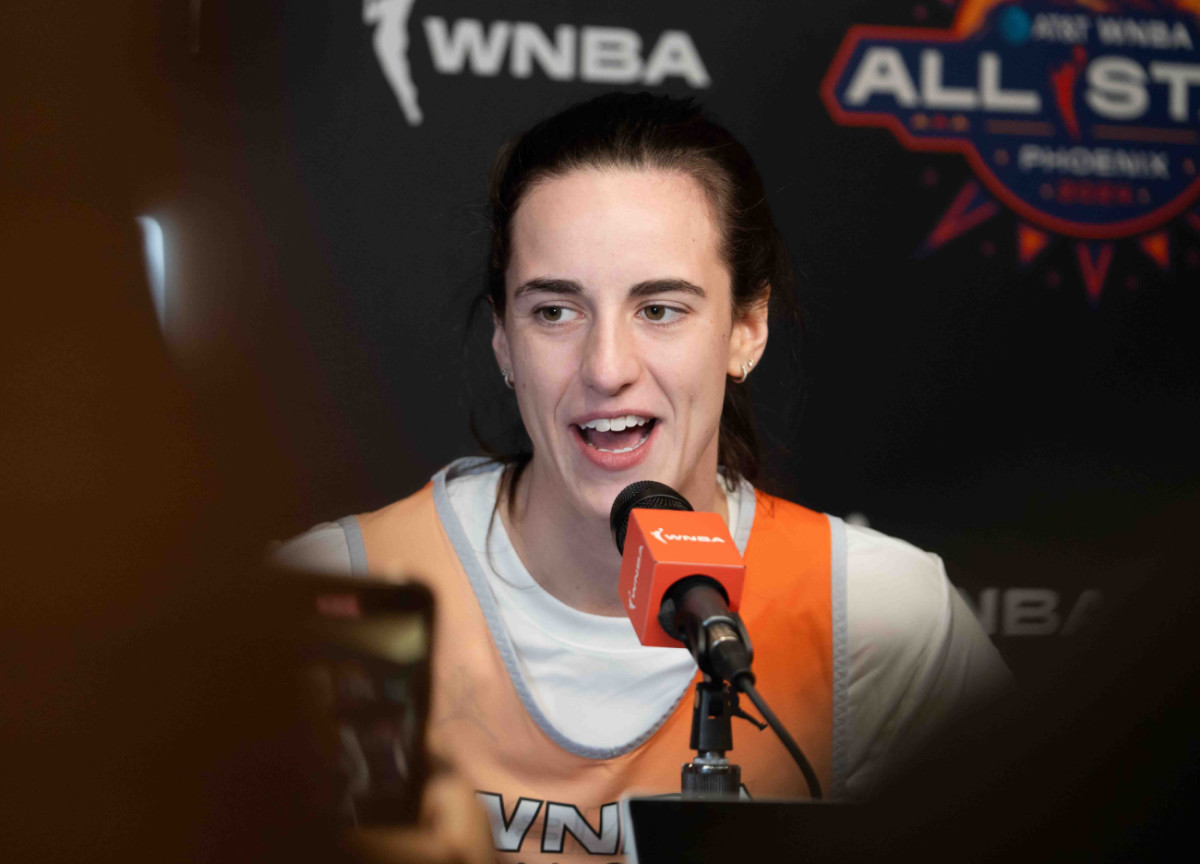 Caitlin Clark speaks to members of the media during the WNBA All-Star media day at Footprint Center in Phoenix on July 19 2024.