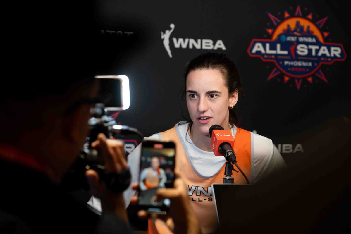 Caitlin Clark speaks to members of the media during the WNBA All-Star media day at Footprint Center in Phoenix on July 19 2024.