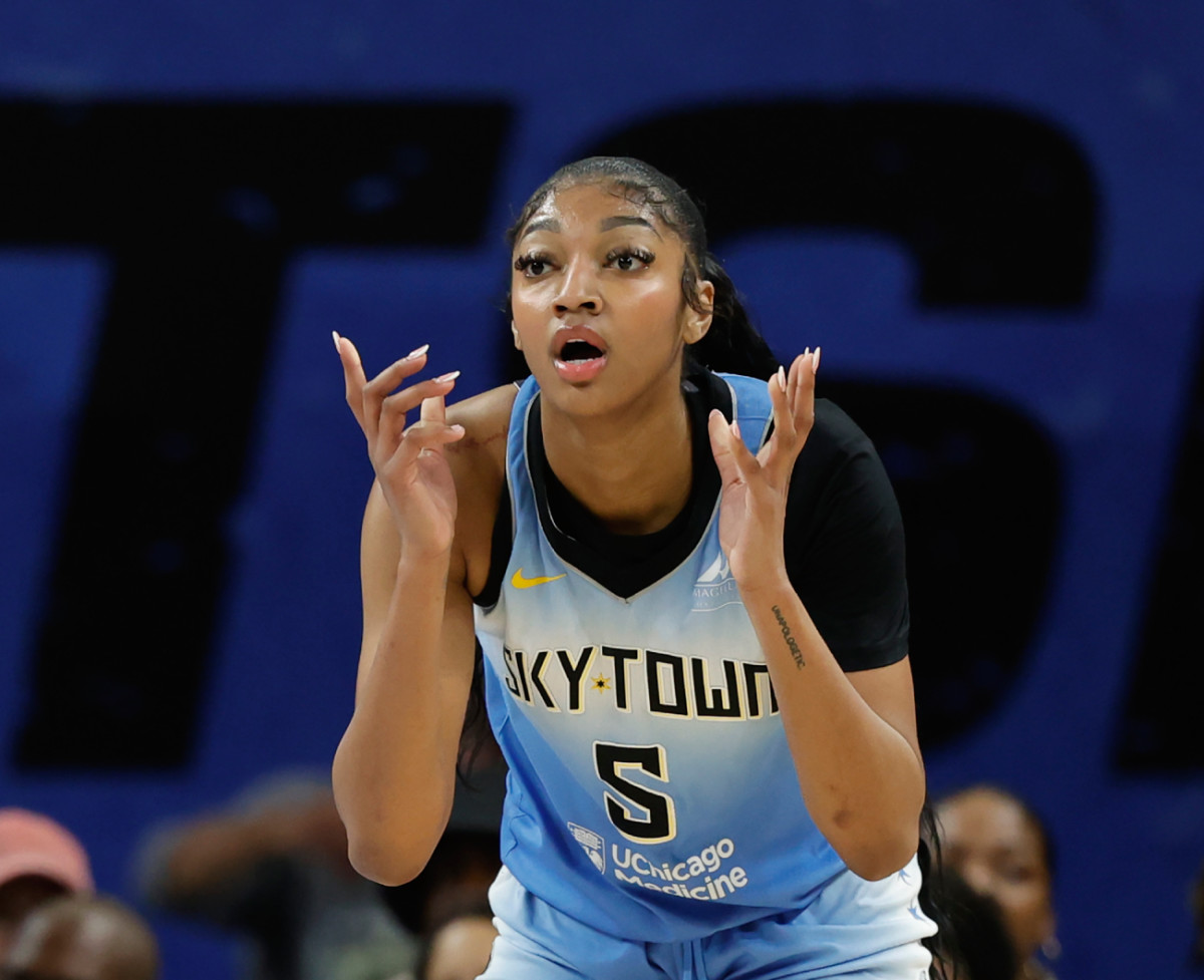 Chicago Sky forward Angel Reese (5) reacts during the first half of a WNBA game against the New York Liberty at Wintrust Arena.