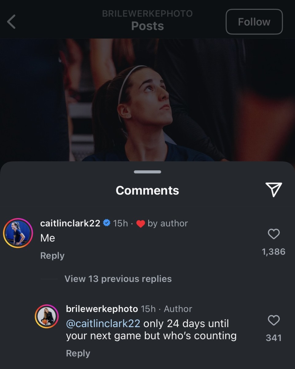 Indiana Fever rookie Caitlin Clark's comment on Bri Lewerke's July 23, 2024 Instagram post.