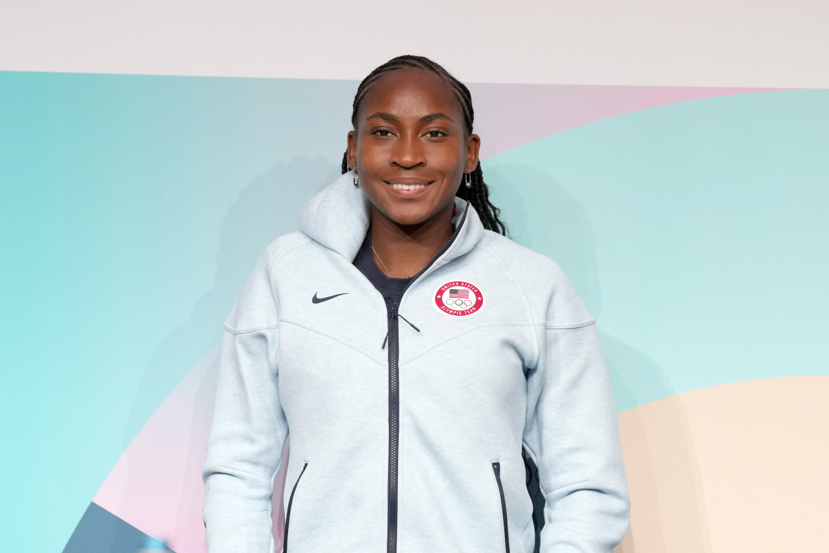 Jul 25, 2024; Paris, France; USA opening ceremonies female flag bearer Coco Gauff at a press conference at the Paris 2024 Olympics main press center at the Palais des congres de Paris. Mandatory Credit: Kirby Lee-USA TODAY Sports