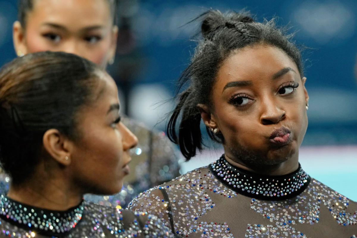 Simone Biles reacts after women's qualification during the Paris 2024 Olympic Summer Games at Bercy Arena on July 28, 2024.