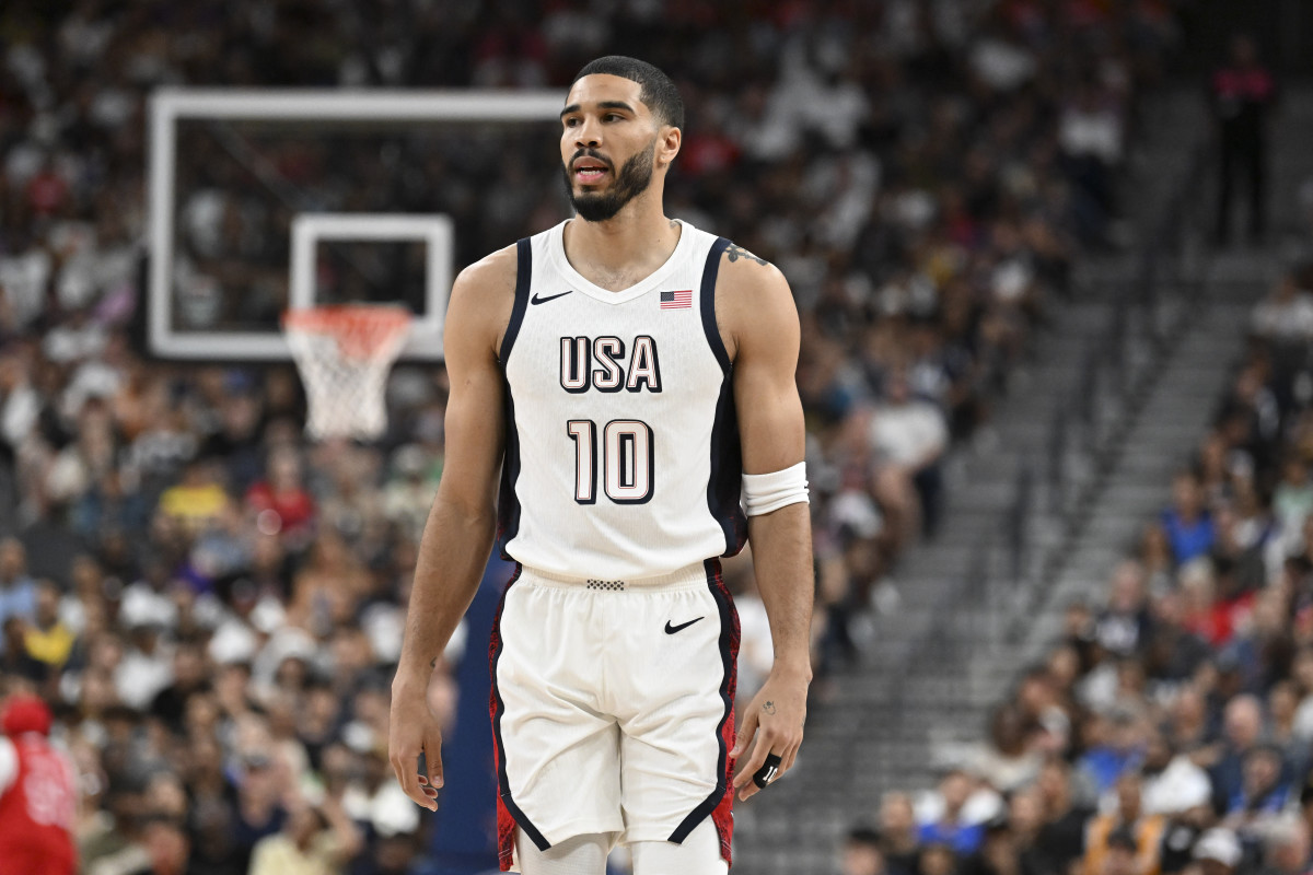 USA forward Jayson Tatum (10) looks on in the third quarter against Canada in the USA Basketball Showcase at T-Mobile Arena.