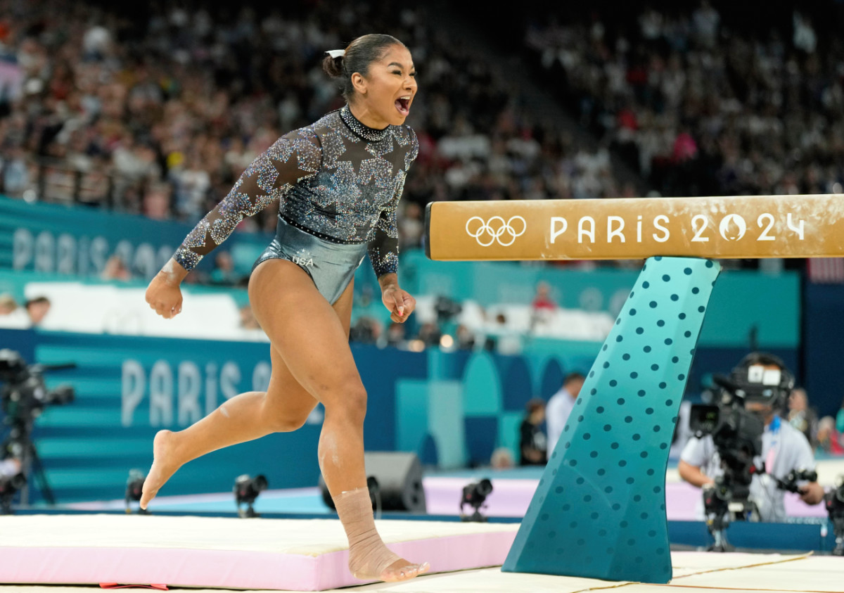 U.S. gymnast Jordan Chiles reacts after performing on the beam in women’s qualification during the Paris Olympics on July 28, 2024.