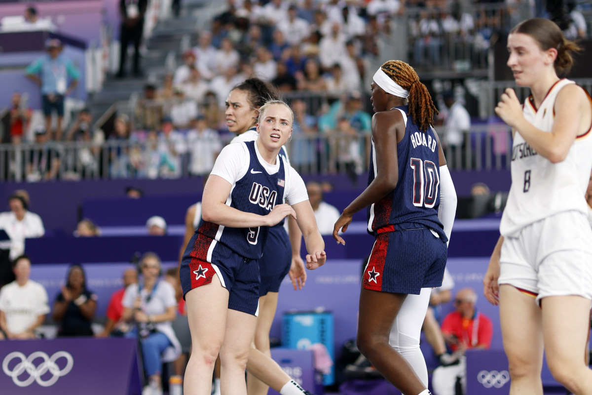 Jul 30, 2024; Paris, France; United States player Hailey van Lith (9) reacts against Germany in the women’s pool basketball 3x3 game during the Paris 2024 Olympic Summer Games at La Concorde 1.