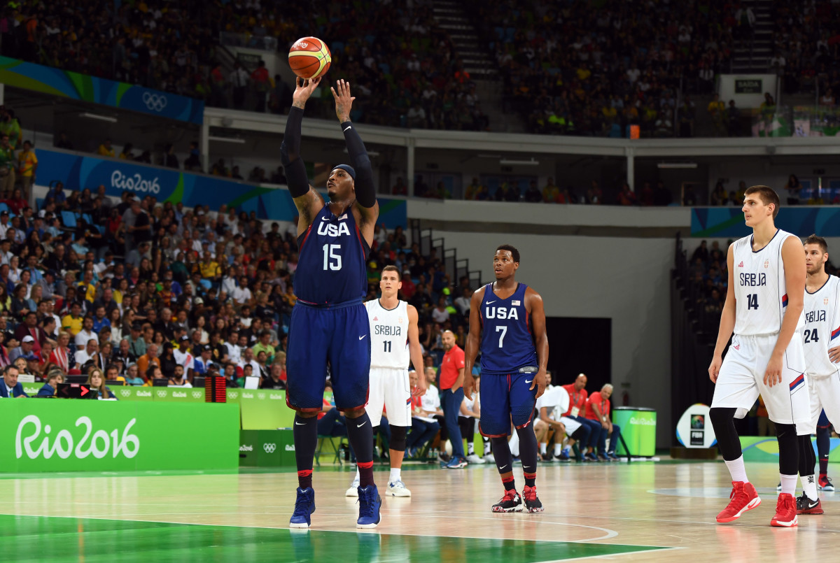 USA forward Carmelo Anthony (15) shoots a free throw against Serbia in the men's gold game during the during the Rio 2016 Summer Olympic Games at Carioca Arena 1.