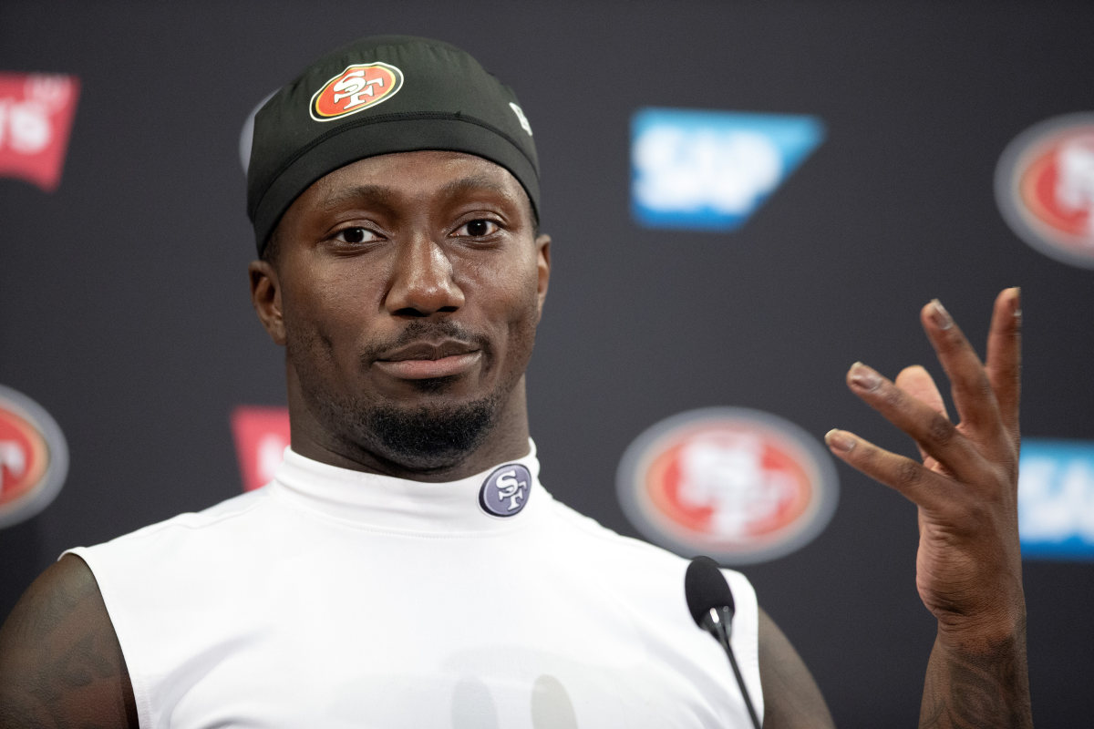 San Francisco 49ers wide receiver Deebo Samuel talks to the press during Day 4 of training camp at SAP Performance Facility.