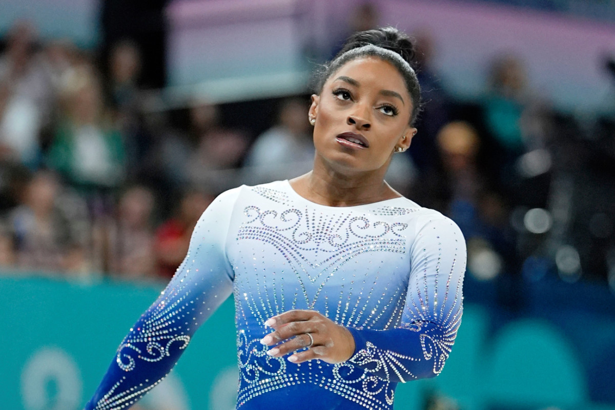 Simone Biles reacts after competing on the beam during the Paris 2024 Olympic Summer Games on August 5, 2024.