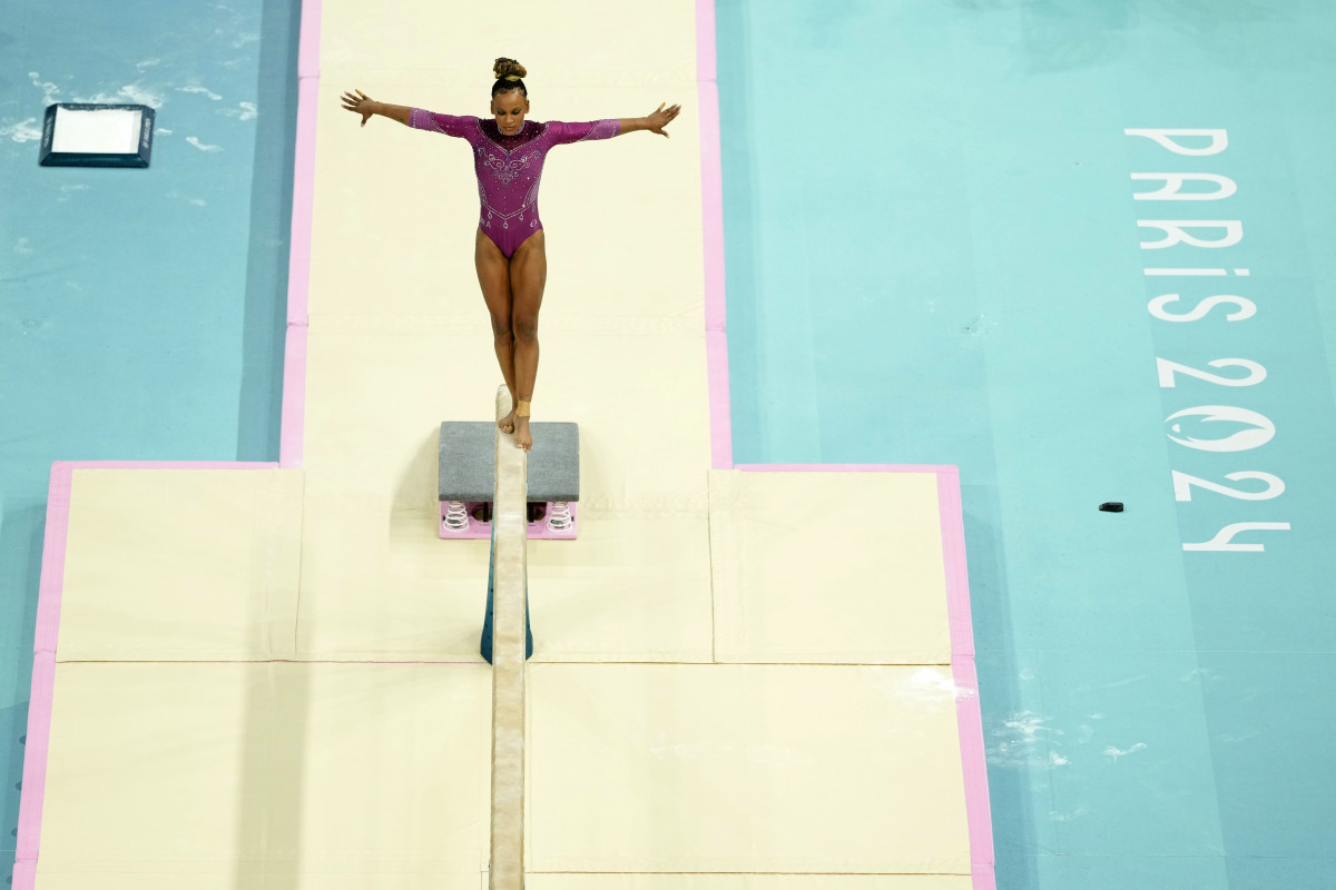 Rebeca Andrade of Brazil competes on the beam during the Paris Olympics on Monday.