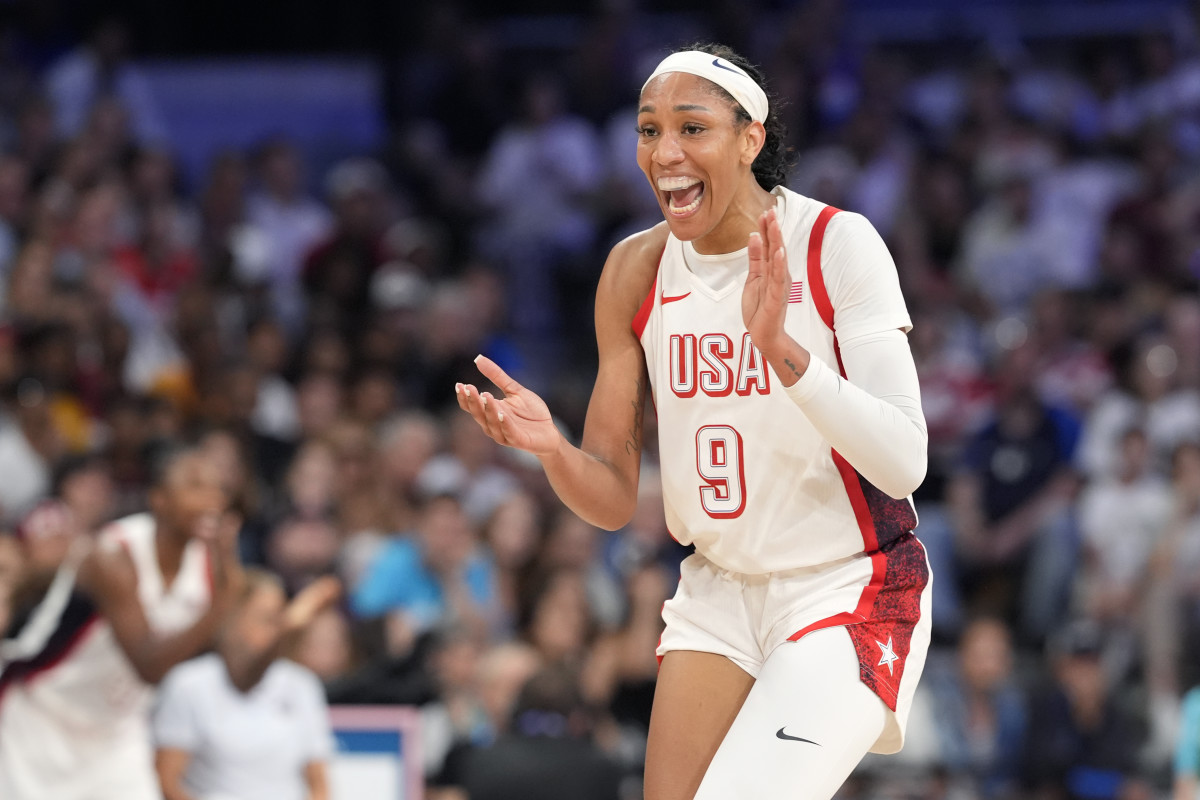 United States forward A'Ja Wilson (9) celebrates during the first half against Japan during the Paris 2024 Olympic Summer Games at Stade Pierre-Mauroy.