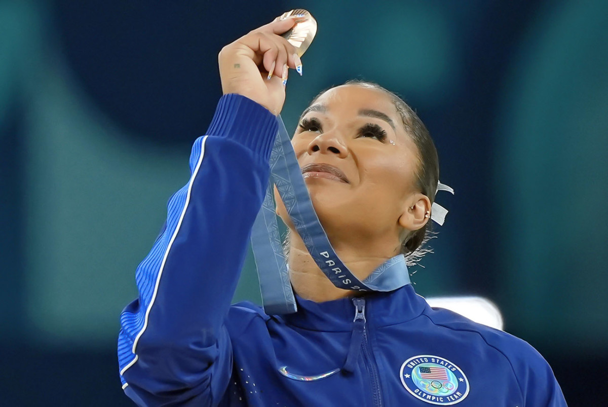 Aug 5, 2024; Paris, France; Jordan Chiles of the United States celebrates her bronze medal on the floor exercise on day three of the gymnastics event finals during the Paris 2024 Olympic Summer Games.