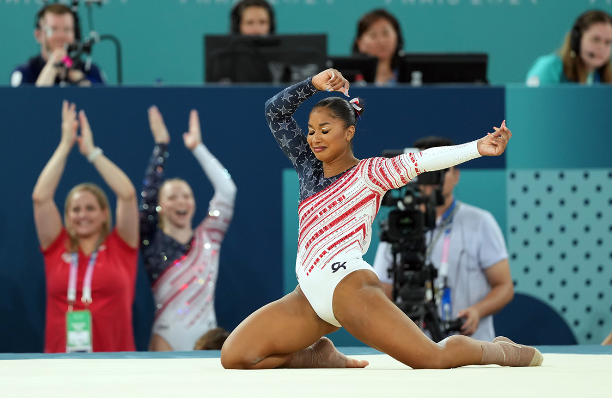 Jul 30, 2024; Paris, France; Jordan Chiles of the United States competes on the floor exercise during the women’s team final at the Paris 2024 Olympic Summer Games at Bercy Arena.