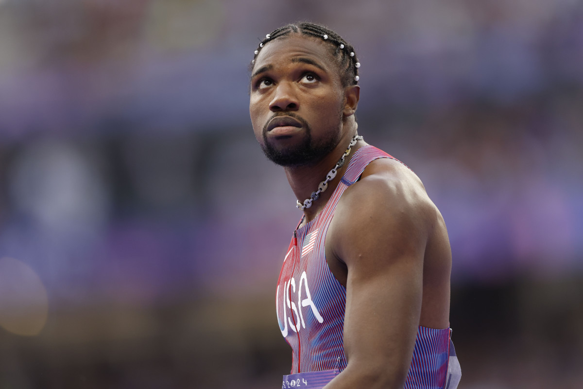 Noah Lyles (USA) reacts after competing in a menís 100m semifinal during the Paris 2024 Olympic Summer Games at Stade de France.