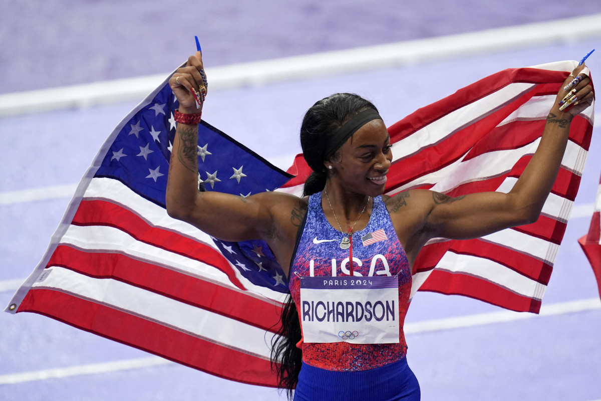 Sha'carri Richardson (USA) celebrates after winning the womenís 4x100m relay during the Paris 2024 Olympic Summer Games at Stade de France.