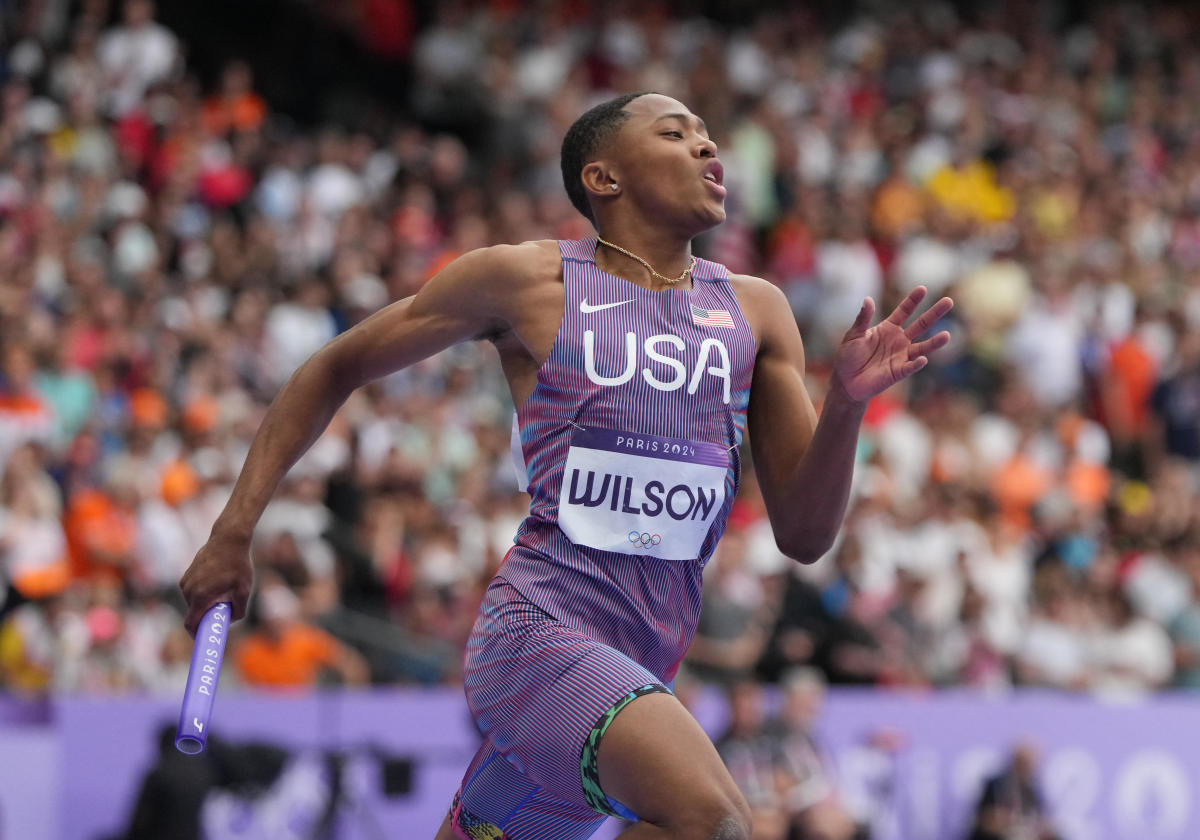 Quincy Wilson (USA) in the men's 4x400m relay heats during the Paris 2024 Olympic Summer Games at Stade de France.