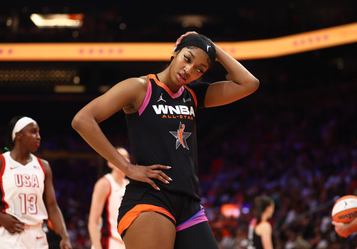 Sky rookie Angel Reese reacts during the WNBA All Star Game.