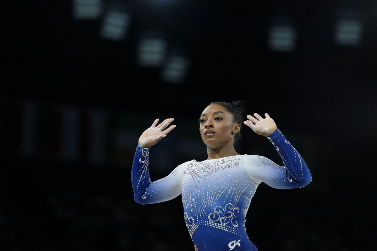 Simone Biles of the United States competes on the beam on day three of the gymnastics event finals during the Paris 2024 Olympic Summer Games.