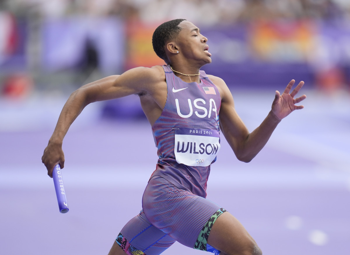 Quincy Wilson (USA) in the men's 4x400m relay heats during the Paris 2024 Olympic Summer Games at Stade de France.