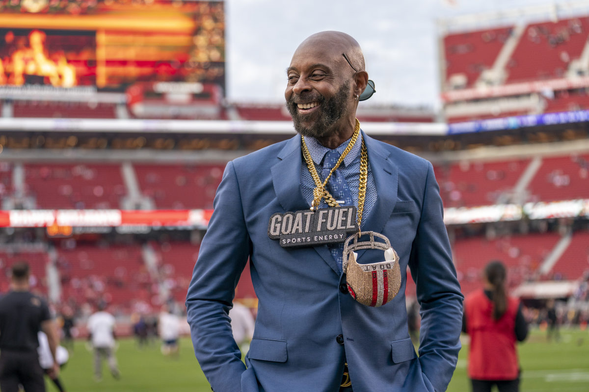 Dec 25, 2023; Santa Clara, California, USA; Retired San Francisco 49ers play Jerry Rice during warmups before the start of the game against the Baltimore Ravens at Levi's Stadium; © Neville E. Guard-USA TODAY Sports